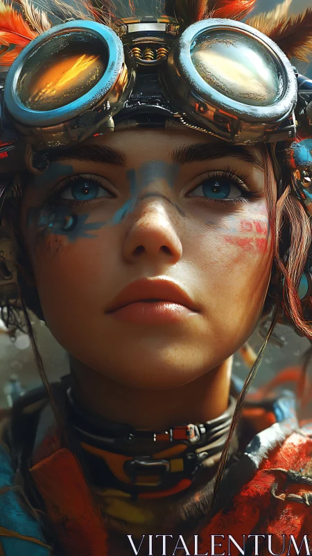 Postapocalyptic scout portrait with reflective tech goggles.