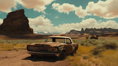 Sunlit desert classic car resting beneath wide open skies.
