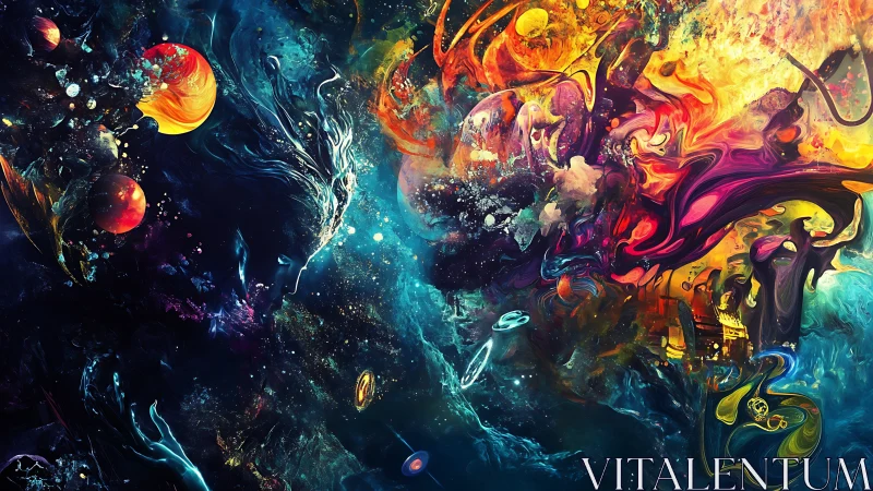 Cosmic figure dissolves into swirling nebula and distant planets