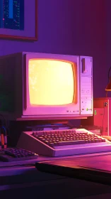 Neon-lit retro workstation with CRT terminal in 3D render.