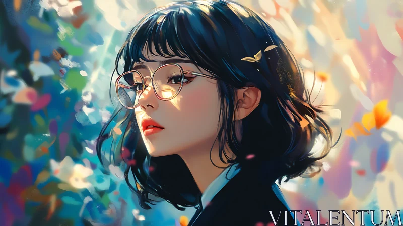 Pensive girl in glasses gazes through soft painted light