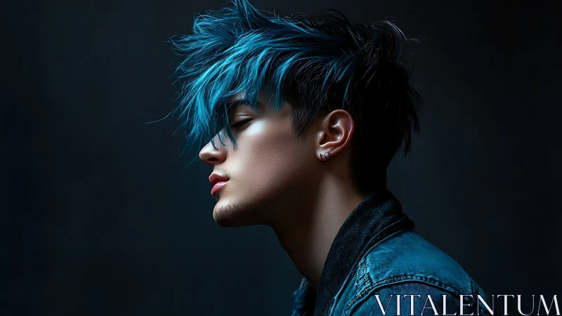 Moody side-profile portrait of young man with vivid teal hair