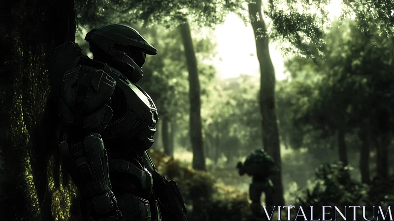 Armored sentry dreaming in a sun-drenched alien forest.