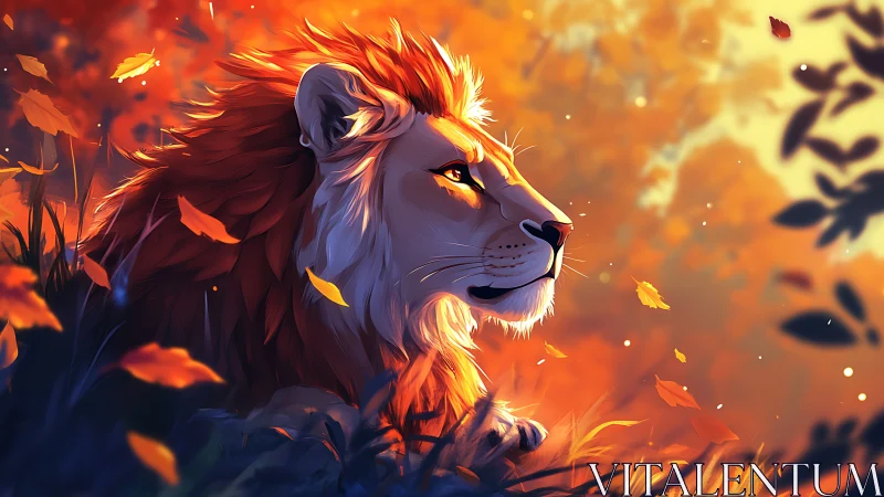 Lion in warm autumn light with drifting orange leaves.