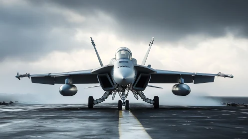 Storm-edge fighter jet crouches on carrier deck runway.