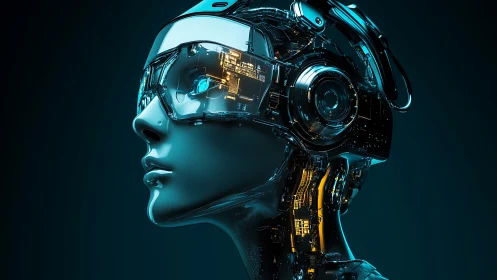 Side-profile cybernetic android head with transparent visor circuitry