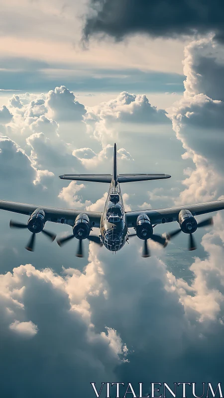 Photorealistic bomber aircraft in frontal cloudscape composition.