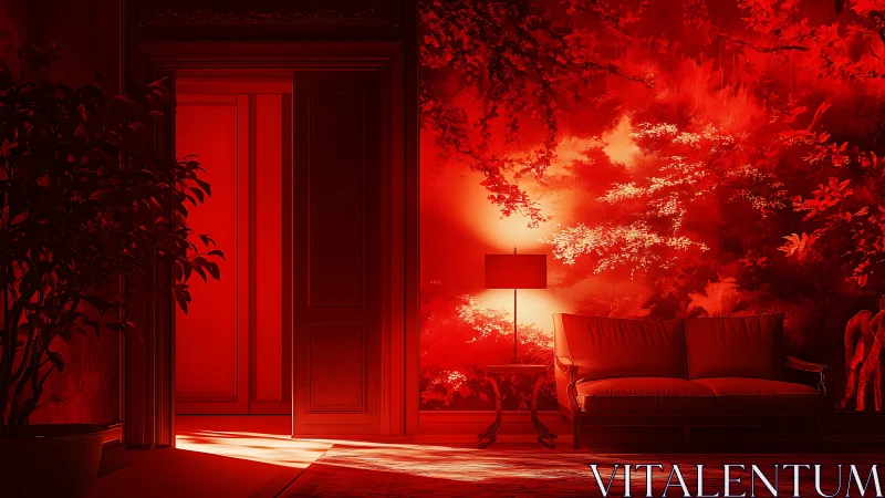 Monochromatic red interior lounge with sofa, lamp and mural