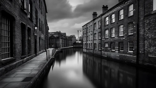 Moody industrial canal with brick warehouses at dusk.