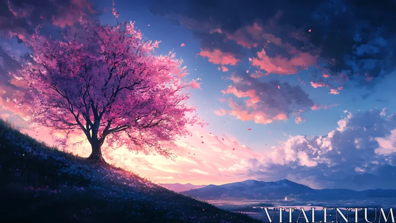 Cherry blossom tree crowns sunset valley in vivid bloom.