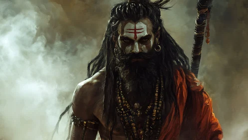 Storm-eyed ascetic warrior strides through curling battlefield smoke.