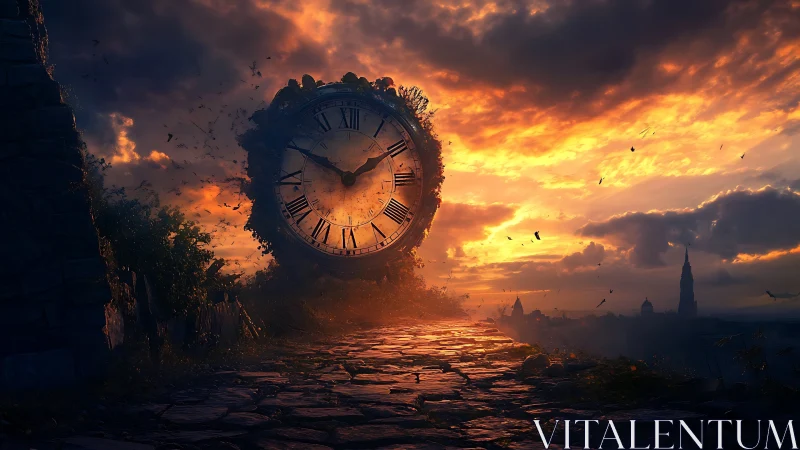 Eroded stone clock tower glows against volumetric sunset sky