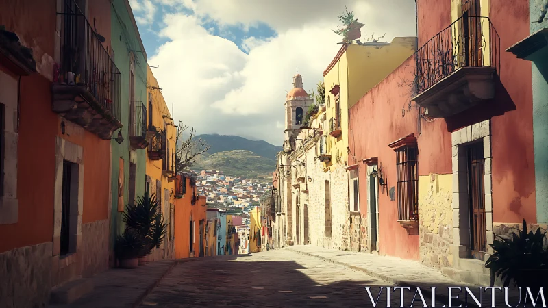 Photorealistic colonial street with colorful facades and depth perspective.