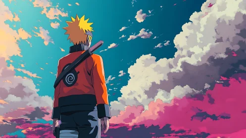 Orange-clad figure studies expansive stylized sunset sky.