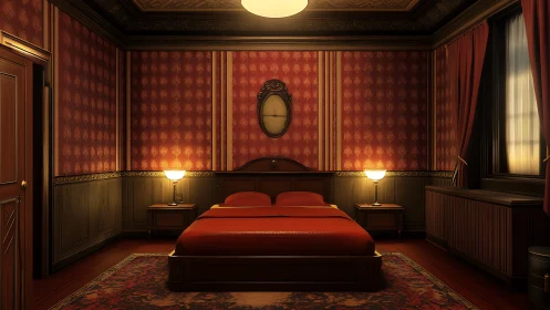 Symmetrical red bedroom interior with warm lamplit ambience and wood