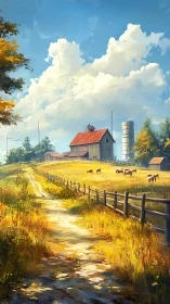 Rural farm landscape with barn, silo and grazing cattle.