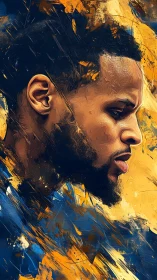 Textured profile portrait in dynamic blue and gold strokes.