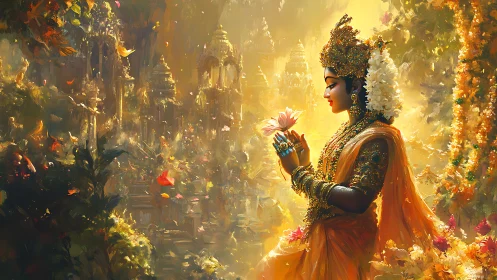 Golden lotus prayer in a radiant temple garden dreamscape.