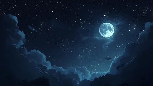 Moonlit nocturnal sky framed by dense cumulus clouds.