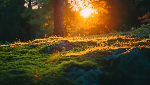Golden sunset light glows over mossy forest ground
