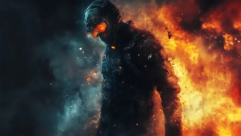 Armored humanoid figure amid contrasting fire and smoke.