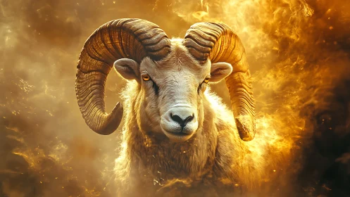 Majestic ram glowing in golden, fiery mountain light.