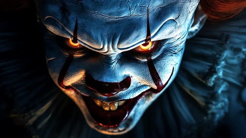 Close-up digital rendering of sinister clown face at night.