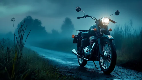 Motorcycle on wet rural road in low blue evening fog.