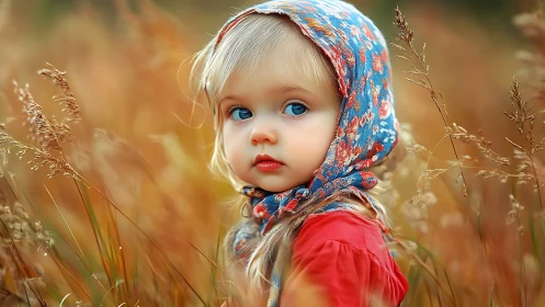 Young Girl in Traditional Headscarf Among Autumn Grasses.