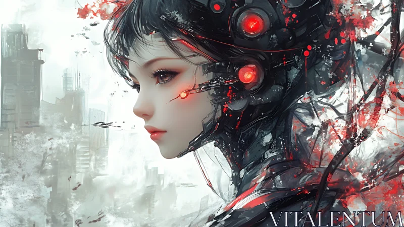 Cybernetic girl gazes over a ruined city in silent resolve