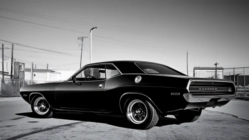 Midnight muscle car brooding in a deserted industrial lot.