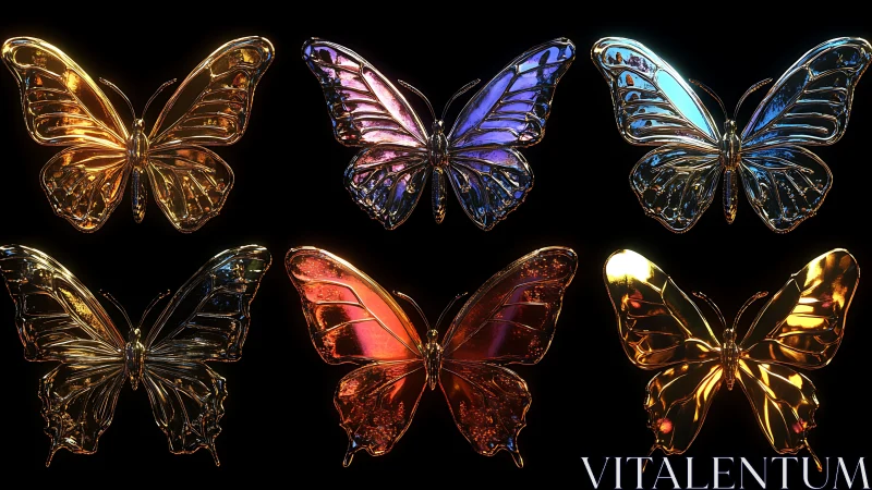 Six metallic butterfly renders show reflective color variations