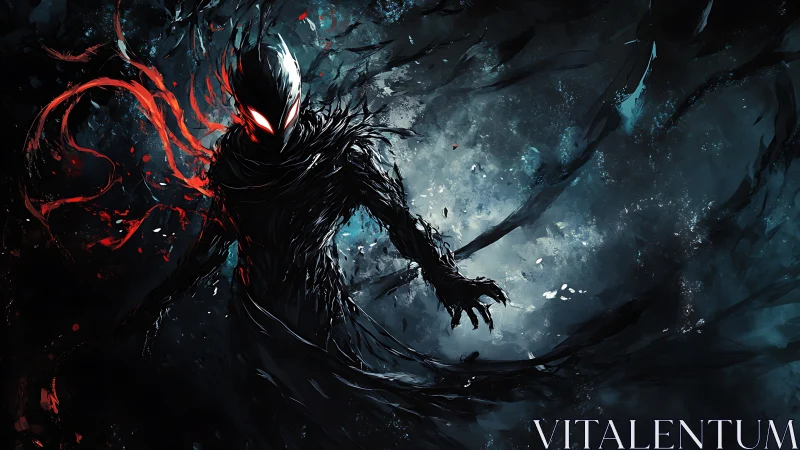 Shadow wraith emerging with crimson energy ribbons.