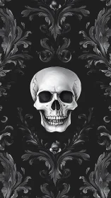 Ornate silver skull framed by dark swirling flourishes.