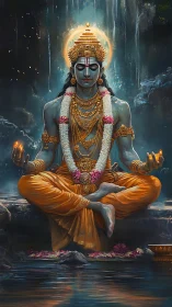 Serene divine figure in golden light by a quiet waterfall.