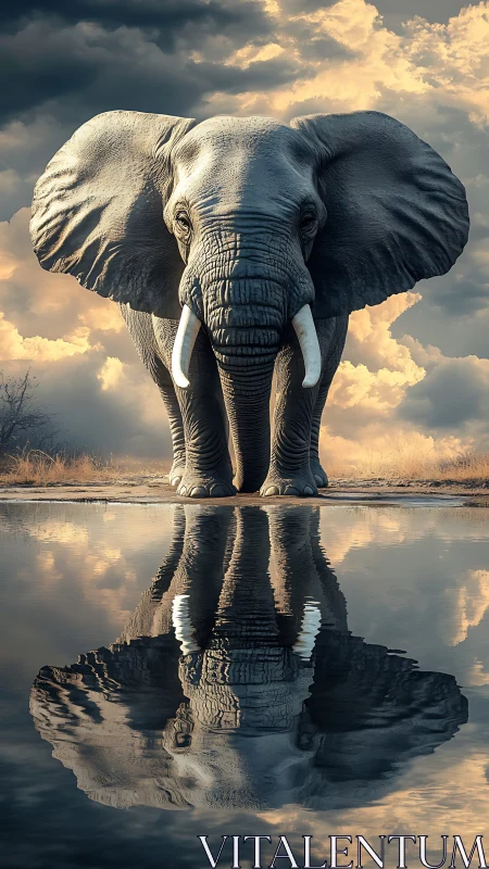 Stormlit elephant sentinel mirrored in a quiet sky pool.