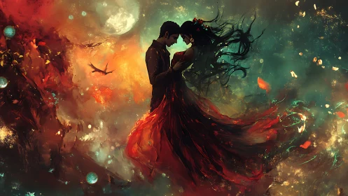 Ethereal Couple Embracing in Fiery Cosmic Dreamscape