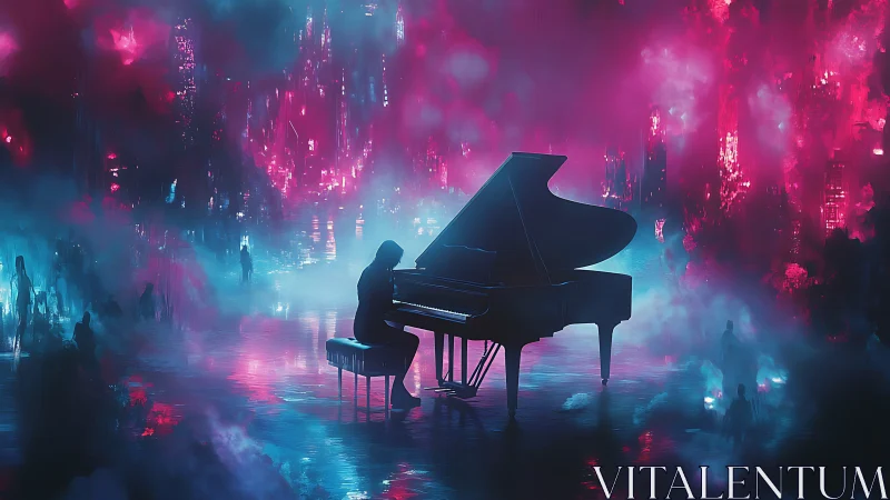 Midnight piano whispers in a neon dreamscape city.