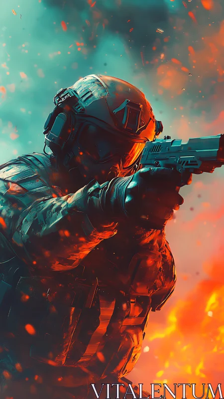 Heavily equipped soldier aims rifle amid bicolor firestorm