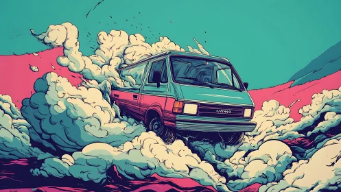 Chromatic drift van cutting stylized vapor plumes in motion.