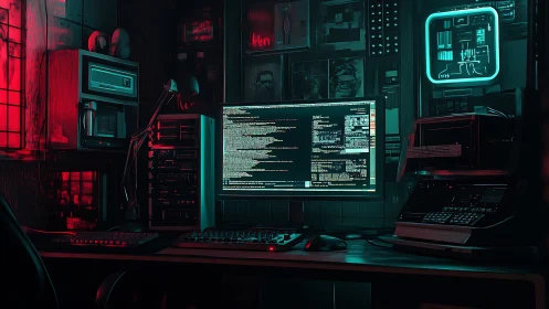 Retro-futuristic hacker workstation in neon duotone lighting.
