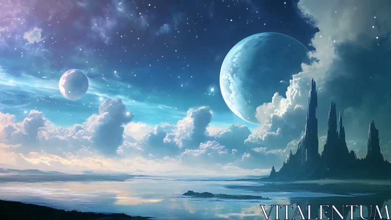 Twin moons rise above ethereal alien sea and crystal spires