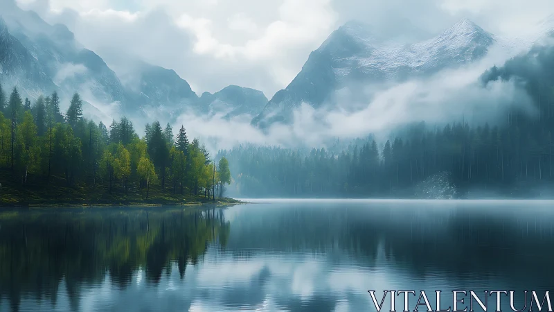 Silent lake cradles misty mountains in mirrored stillness