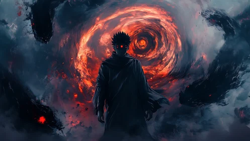 Dark mage silhouette before infernal vortex and shadow forms.