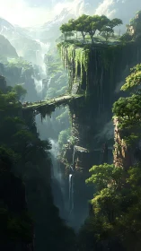 Verdant cliffs with waterfalls and stone bridge plateau.