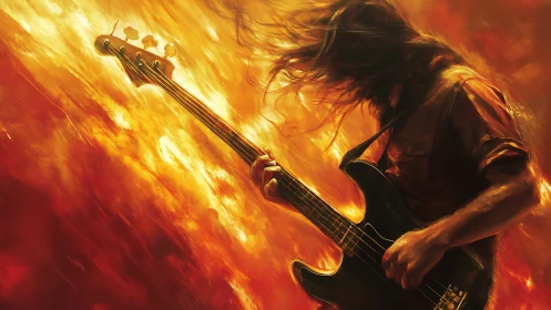 Electric bass player lost in fiery, passionate rock energy.