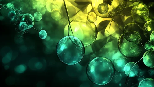 Abstract Glass Bubbles in Vibrant Green and Yellow Light.