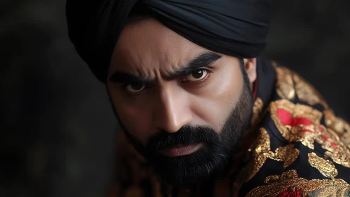 Intense gaze meets rich embroidered elegance in warm focus