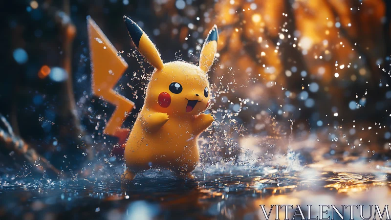 Joyful yellow creature splashes playfully through glowing rain