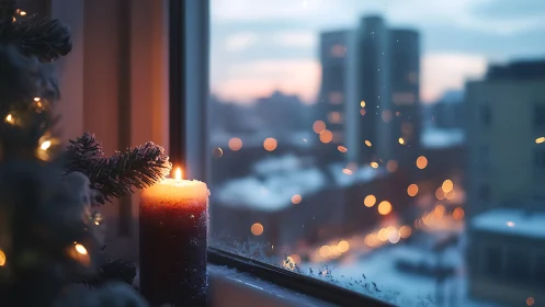 Candle burns on snowy window ledge overlooking blurred city